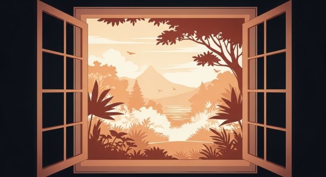 Illustration of an open window looking out onto a scenic tropical landscape with mountains trees and a serene lake at sunset featuring a variety of plants and birds in flight perfect