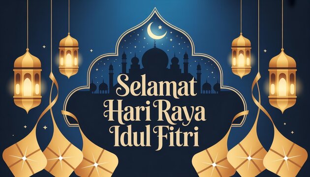 Hari Raya Aidilfitri Celebration with Lanterns and Mosque.