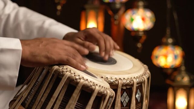 Close-up of a musician playing the tabla drums with traditional lanterns in the background.