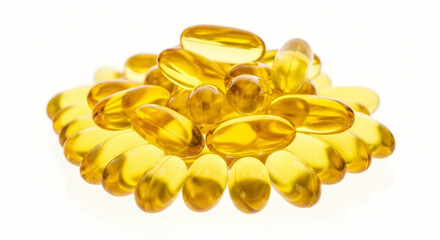 Fototapeta premium ''Golden Omega-3 Fish Oil Capsules Arranged in a Cluster on a Clean White Background, Highlighting Health and Wellness Benefits''