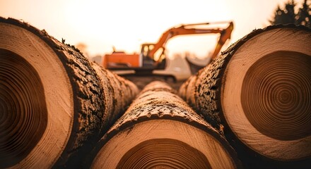 Timber Industry Logging: Close up of stacked pine wood logs with excavator working in background, forestry management, lumber production, deforestation, construction material and environment concept