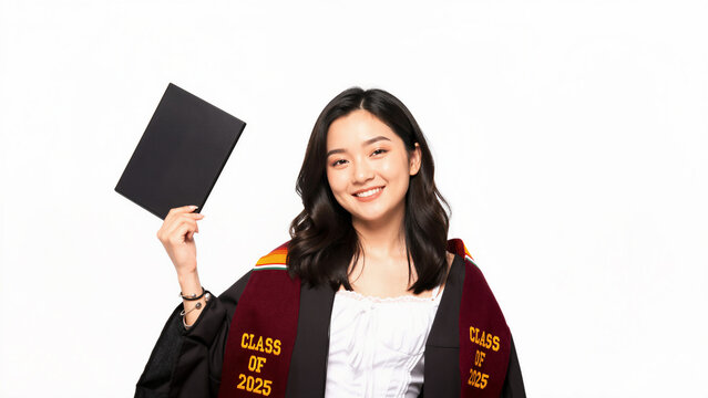 Portrait Of Smiling Young Asian Female Graduate Wearing Class Of 2025 Sash Holding Black Notebook Isolated On White Background