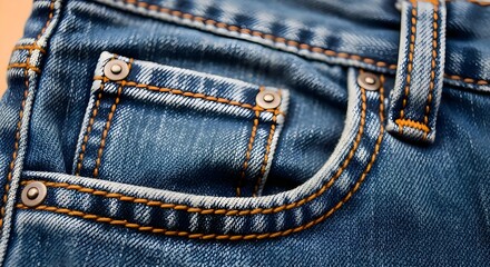 Denim Jeans Detail: Close up of blue denim fabric pocket with orange stitching and metal rivets, textile texture, casual clothing, fashion apparel, classic garment and lifestyle concept