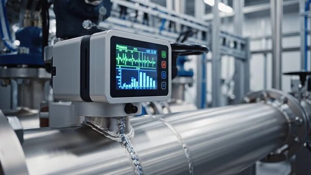 digital transformation automation ecosystem concept. Industrial flow meter with digital display monitoring pipeline in factory setting