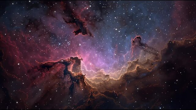 Dramatic cosmic nebula with glowing gas clouds and starfield in vivid purple and gold hues
