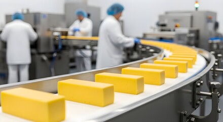 Food Processing Line: Large blocks of yellow cheese moving on white conveyor belt in clean factory, dairy production, industrial kitchen, automated manufacturing, hygiene and nutrition concept