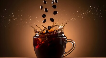 Fresh Coffee Splash: Roasted coffee beans falling into glass cup causing liquid explosion, caffeine energy, morning refreshment, beverage advertising, aroma and taste concept