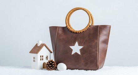 Brown Leather Handbag with Star and Wooden Handles Beside Small House and Pine Cone