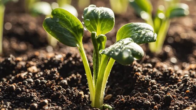 Young plant seed breaking through the soil in fast time-lapse, fresh microgreen leaves opening, natural sunlight, eco-friendly healthy food concept, crisp focus, realistic textures.