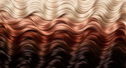 Hair Color Swatches: Top view of wavy hair extensions in various shades from blonde to dark brown, beauty salon palette, hair dye care, texture background, fashion and grooming concept