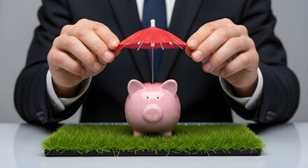 Financial Security Insurance: Businessman protecting pink piggy bank with small red umbrella on green grass, retirement savings, wealth protection, money management, banking and investment concept