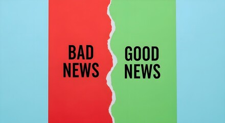 News Comparison: Ripped paper background with bad news on red and good news on green, media headlines, information choice, balance and perspective concept