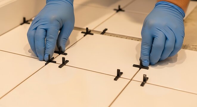 Hands wearing blue gloves adjusting tile spacers on white tiles during renovation