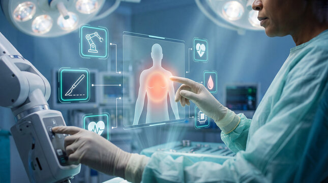 Surgeon controlling robotic arm with augmented reality interface with related icons during AI-assisted smart surgery preparation