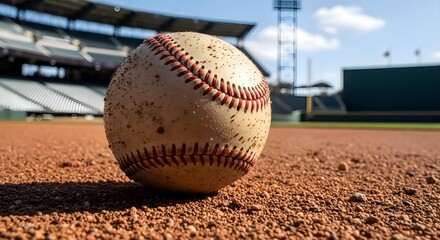 Professional Baseball Game: Close up of dirty leather baseball on clay infield dirt, stadium seats and light towers background, major league sports, athletic competition and summer hobby concept