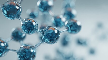 3D render of blue transparent molecules on a light background. Scientific illustration of atoms connected in a tetrahedral structure, representing chemistry, biotechnology, medical.