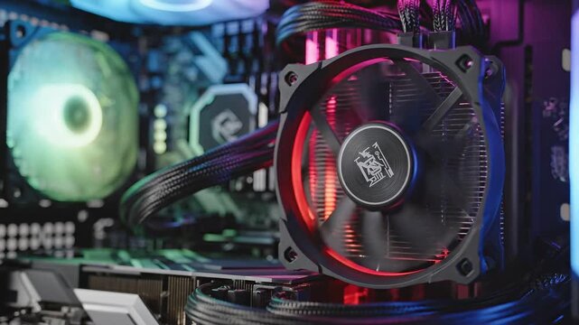 digital transformation automation ecosystem concept. Close-up of a computer CPU cooler with fan and RGB lighting inside a PC case
