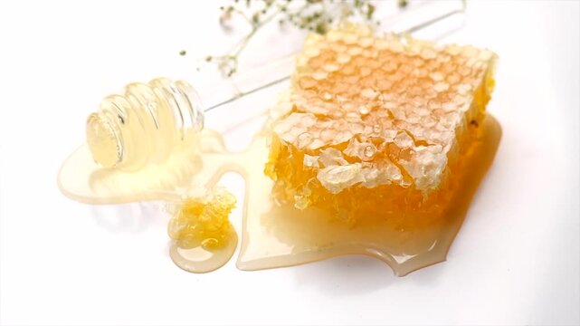 Honey in honeycomb dripping, pouring from glass honey dipper spoon, on white background, border design, close-up. Honey comb, Healthy organic liquid honey spill. Top view. Bees wax. Slow motion 
