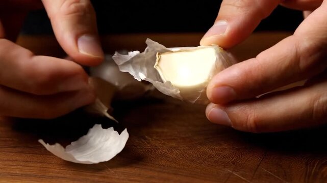 Close-up of hands peeling a fresh garlic bulb on a wooden cutting board, preparing for cooking.