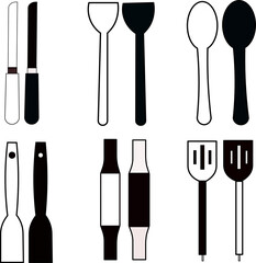 A professional set of kitchen utensils and cutlery silhouettes featuring a fork, spoon, and knife icon design for a restaurant menu or cooking tool symbol