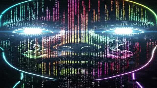 Vibrant digital face with colorful code streams on black background