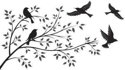 Fototapeta premium Gemini saidSet of floral design elements featuring black bird silhouettes and nature vectors with flying wings, tree branches, and delicate flower leaf patterns for wildlife art
