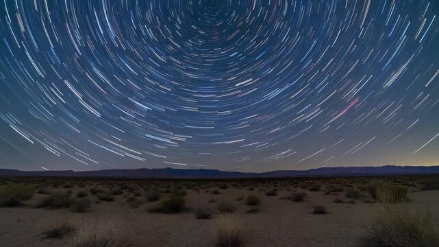 Star Trail Over Desert Night Sky Through Long Exposure.