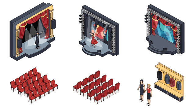 Isometric illustrations of theater stages with performers red curtains spotlights and rows of auditorium seats.