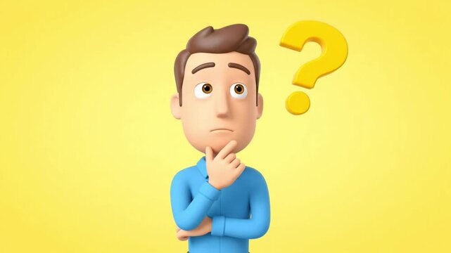 3D cartoon man thinking with question mark on bright yellow background