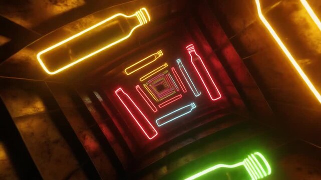 Vibrant Neon Bottles and Glasses In A Framed Scene.