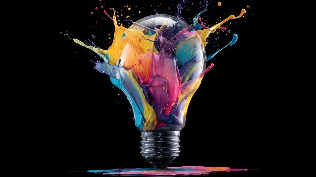 Creative light bulb explodes with colorful paint and splashes on a black background. Think differently creative idea concept.