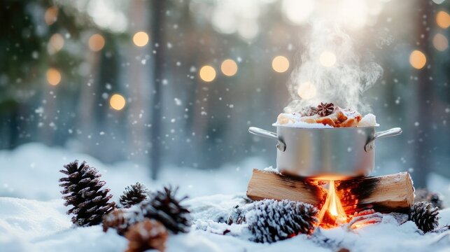 Steaming soup outdoors on a snowy day with pinecones and firewood ambience