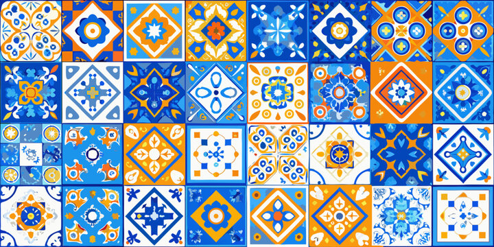 A vibrant pattern of repeating blue and orange ceramic tiles