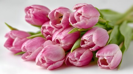 Obraz premium A Beautiful Bouquet of Pink Tulips on a White Background.