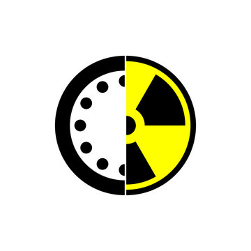 Doomsday Clock combined with a radioactive hazard symbol. Concept of nuclear winter, radiation danger and global apocalypse. Flat vector illustration on white.