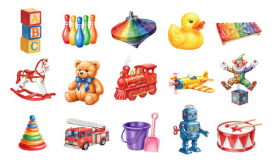 Naklejka premium Collection of vintage children toys watercolor illustrations