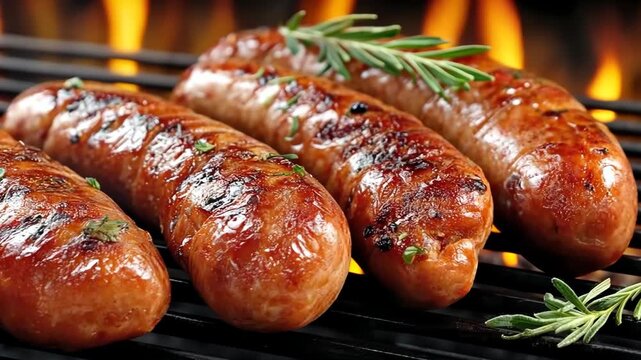 Grilling sausages over an open flame with fresh herbs at a barbecue gathering on a sunny afternoon