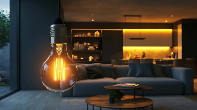 Glowing filament of a retro edison light bulb hanging in a contemporary luxury apartment at dusk