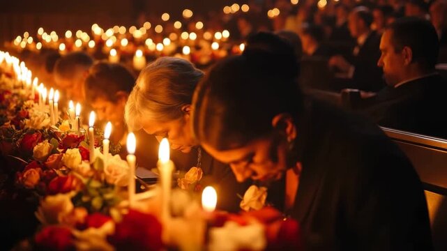 Grieving people sitting in a row with lit candles during a memorial service in a church