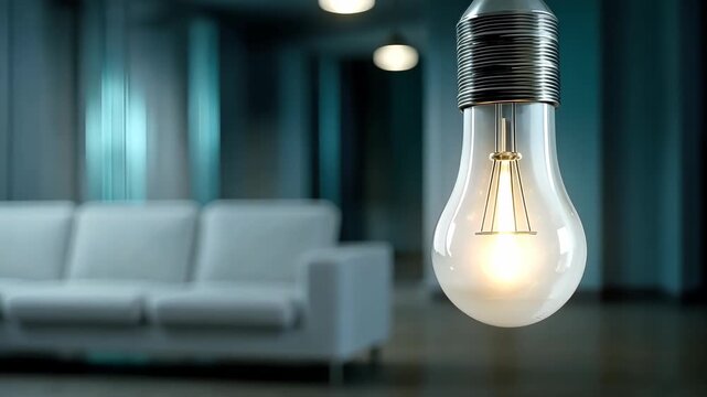 Bright light bulb hangs above sofa in modern living room setting during evening hours