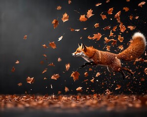 Fototapeta premium Fox running through falling leaves, autumn digital nature scene