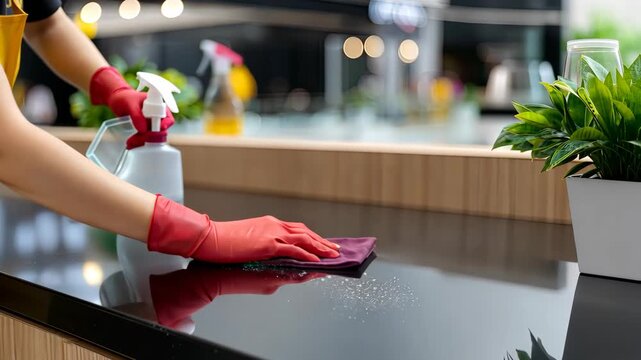 Cleaning process at a cafe with a worker using a cloth and spray bottle to wipe down a counter in a busy environment
