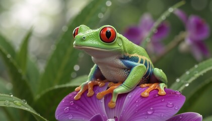 Fototapeta premium Red-eyed tree frog sitting on a purple flower. Exotic amphibian in a tropical rainforest environment