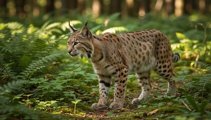 Obraz premium Wild Eurasian lynx standing in a green forest with ferns. Spotted wildcat in natural woodland habitat