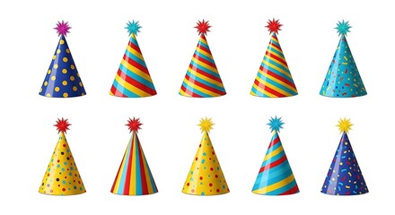 Colorful party hats with polka dots and stripes on white background