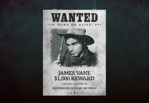 Classic Wanted Poster Template in Old Country & Western Style, Vintage Paper Texture & Grayscale Hues