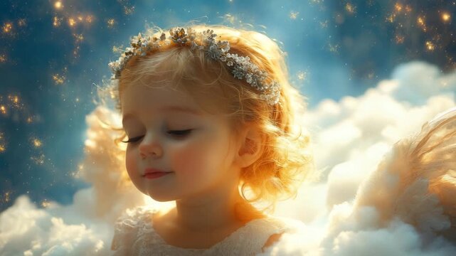 Beautiful little cherub with curly hair and wings smiling peacefully among the clouds and stars