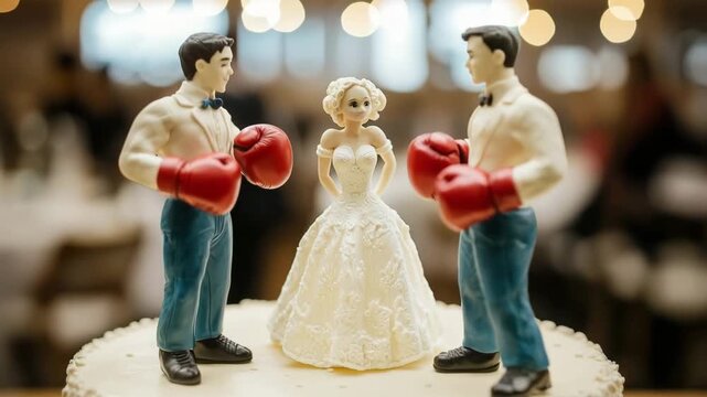 Two grooms in boxing gloves fighting over the bride on a wedding cake topper
