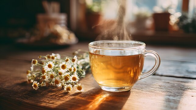 Steaming Cup of Herbal Tea with Chamomile Flowers on Wooden Table.