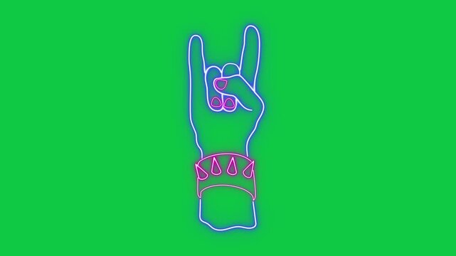 neon lights rock and roll hand gesture sign on green screen animation,chroma key metal music bar and club signboard social media motion design element